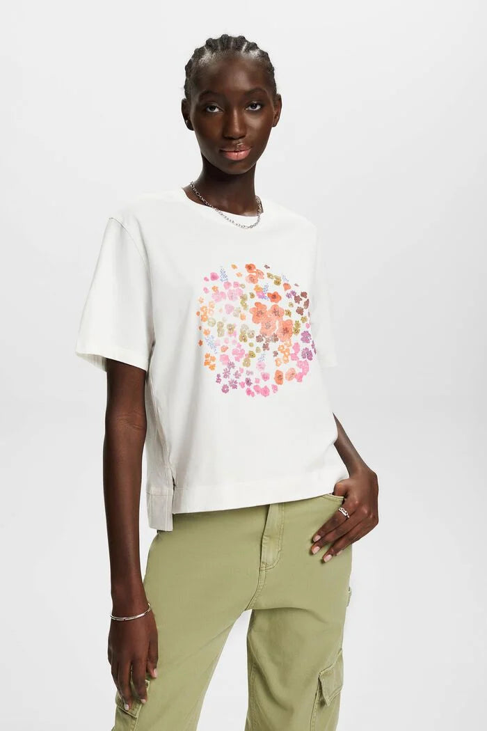 Front Floral Print T-Shirt - Offwhite