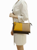 Dual Gusset Colour Block Handbag - Brown Mustard