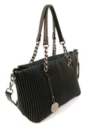 Ribbed Double Chain Handle Tote Bag - Black