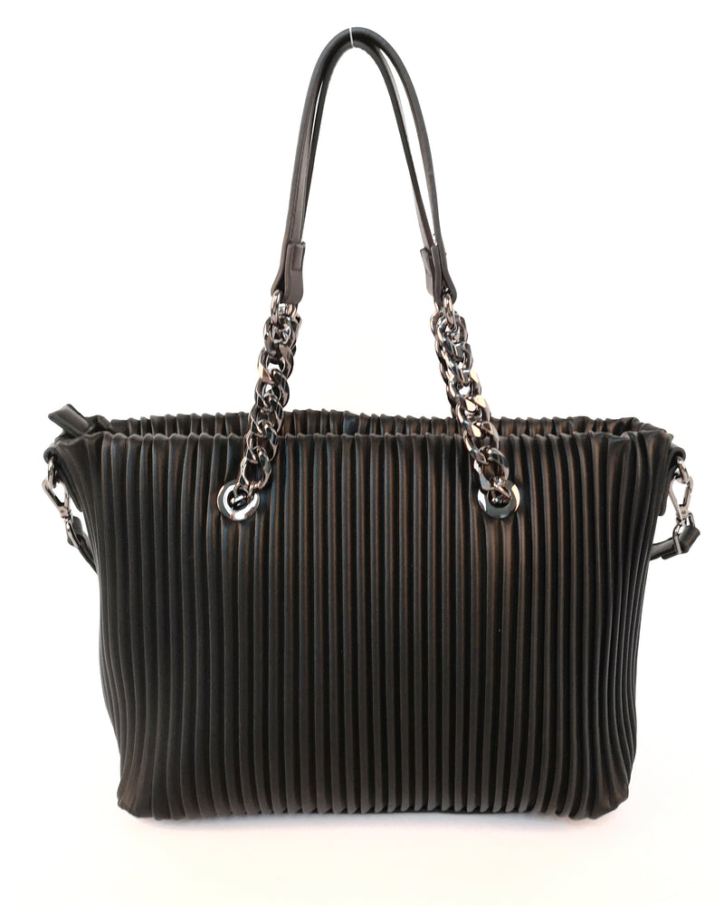 Ribbed Double Chain Handle Tote Bag - Black