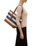 Cancun Striped Canvas Tote - Tan/navy