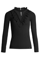 Ruffle Neck V Detail Jumper - Black