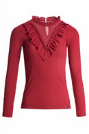 Ruffle Neck V Detail Jumper - Red