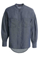 Collarless Denim Shirt - Mid Wash