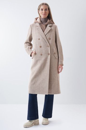 Double Breasted Hooded Coat - Oatmeal