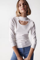 Eyelet High Neck Jumper - White
