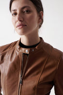 Round Neck Leather Jacket - Brown