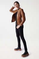 Round Neck Leather Jacket - Brown
