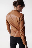 Round Neck Leather Jacket - Brown