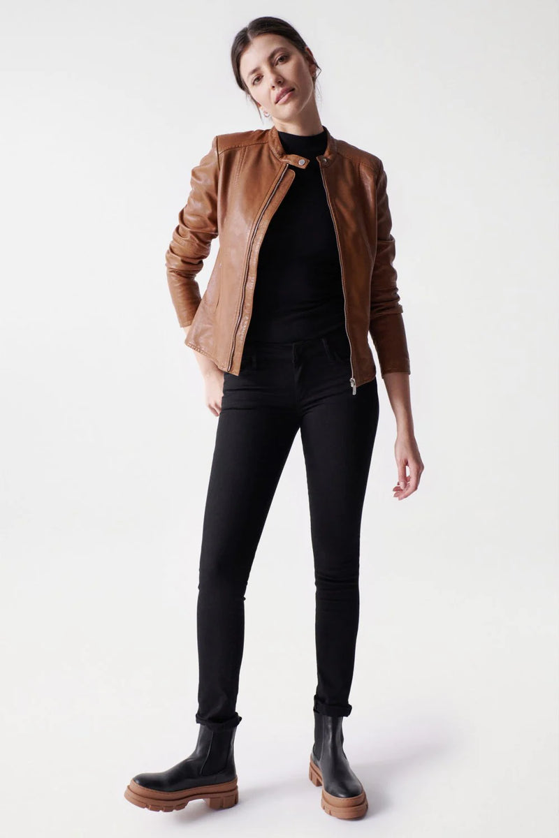 Round Neck Leather Jacket - Brown