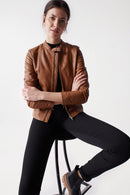 Round Neck Leather Jacket - Brown