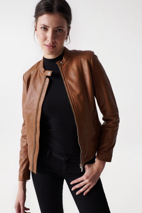 Round Neck Leather Jacket - Brown