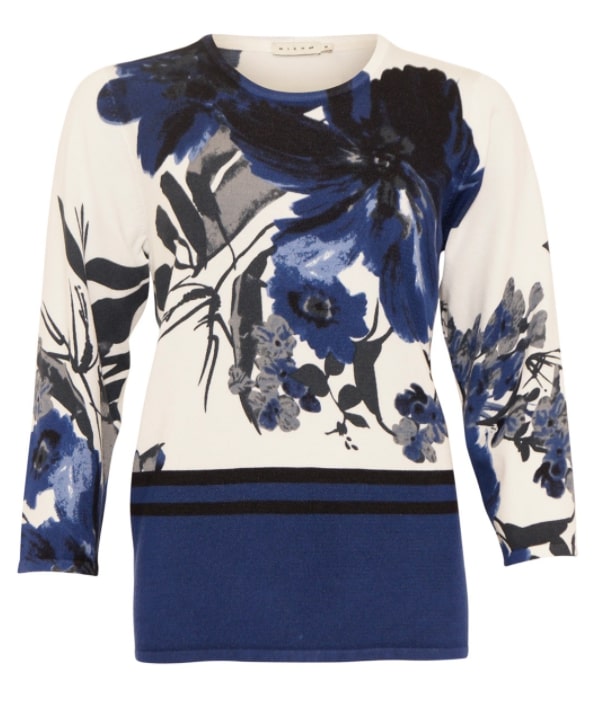 Big Print Round Neck Jumper - White/blue