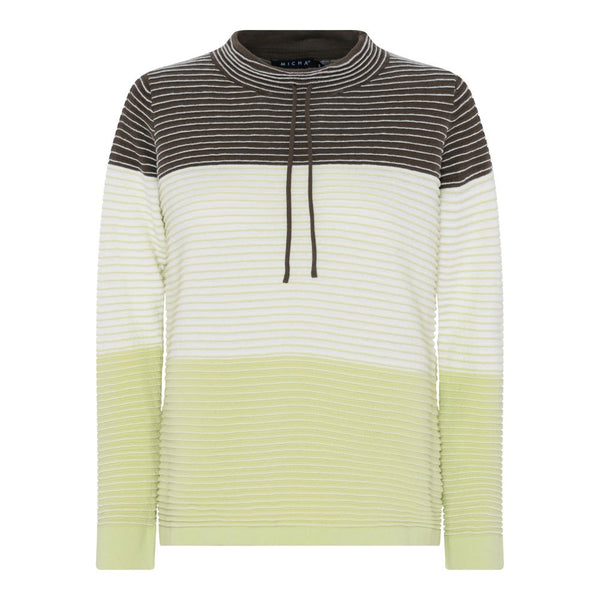 Stripe Drawstring Round Neck Jumper - Olive/offwhite