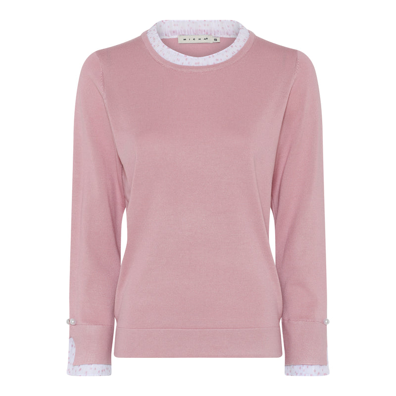 Contrast Collar Round Neck Jumper - Vintage Rose