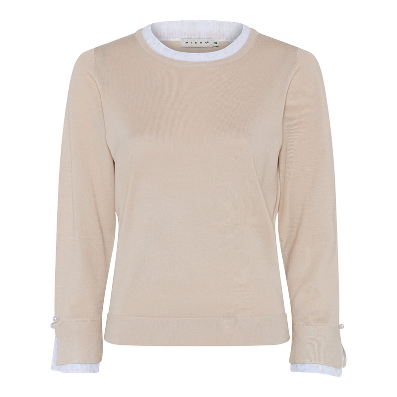 Contrast Collar Round Neck Jumper - Sandshell