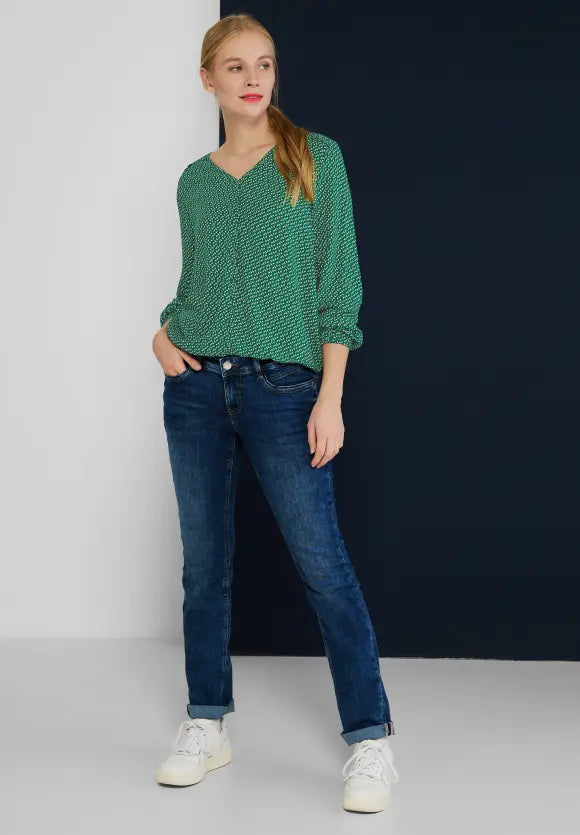 Piping Printed V-Neck Blouse - Dark Brisk Green