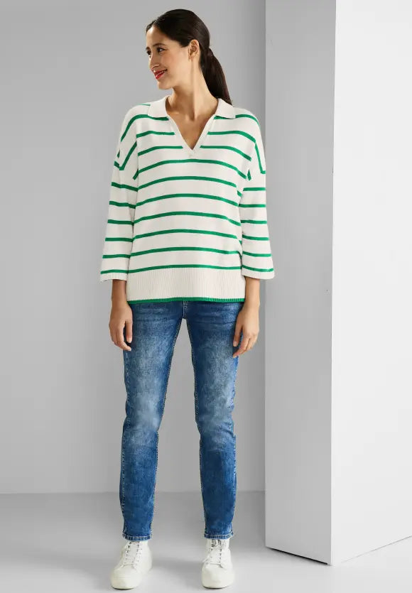 Striped Polo Neck Jumper - Brisk Green