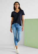 Linen Look V Neck Shirt - Deep Blue