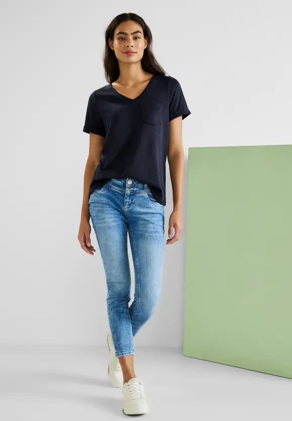 Linen Look V Neck Shirt - Deep Blue