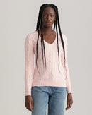 Stretch Cable V Neck Jumper - Light Pink Melange