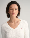 Stretch Cable V Neck Jumper - Eggshell