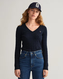 Stretch Cable V Neck Jumper - Evening Blue