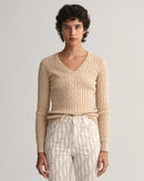 Stretch Cable V Neck Jumper - Dry Sand