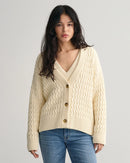 Cotton Texture V Neck Cardigan - Cream