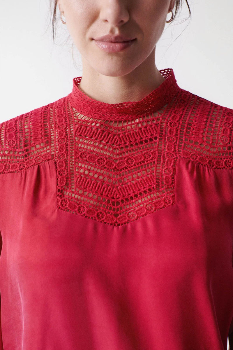 High Neck Lace Detail Blouse - Red