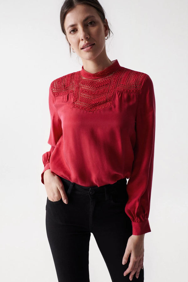 High Neck Lace Detail Blouse - Red
