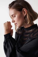 High Neck Lace Detail Blouse - Black