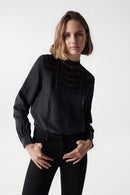 High Neck Lace Detail Blouse - Black