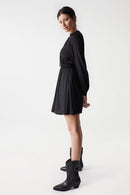 Satin Feel V Neck Dress - Black