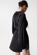Satin Feel V Neck Dress - Black