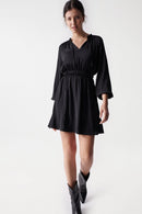 Satin Feel V Neck Dress - Black