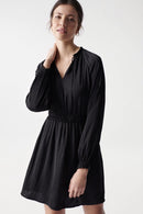 Satin Feel V Neck Dress - Black