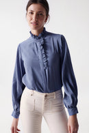 Collar Detail Flowing Blouse- Blue