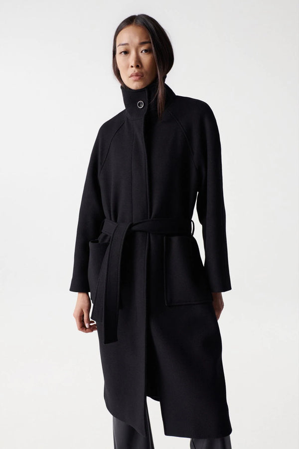 Woollen Coat with Belt - Black