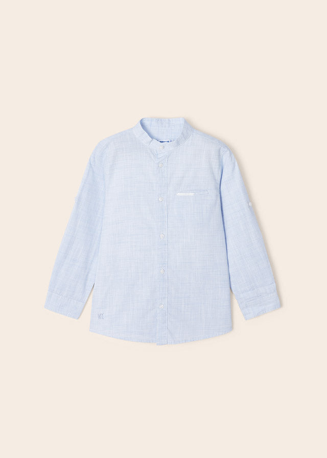 Long Sleeve Striped Mao Collar Shirt - Light Blue