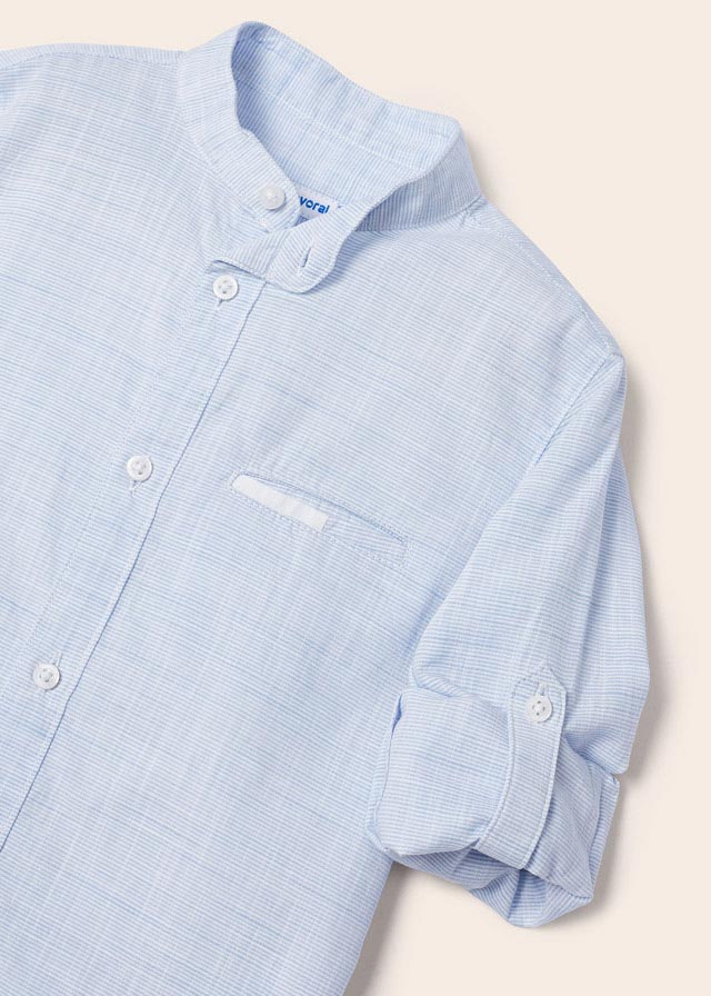 Long Sleeve Striped Mao Collar Shirt - Light Blue