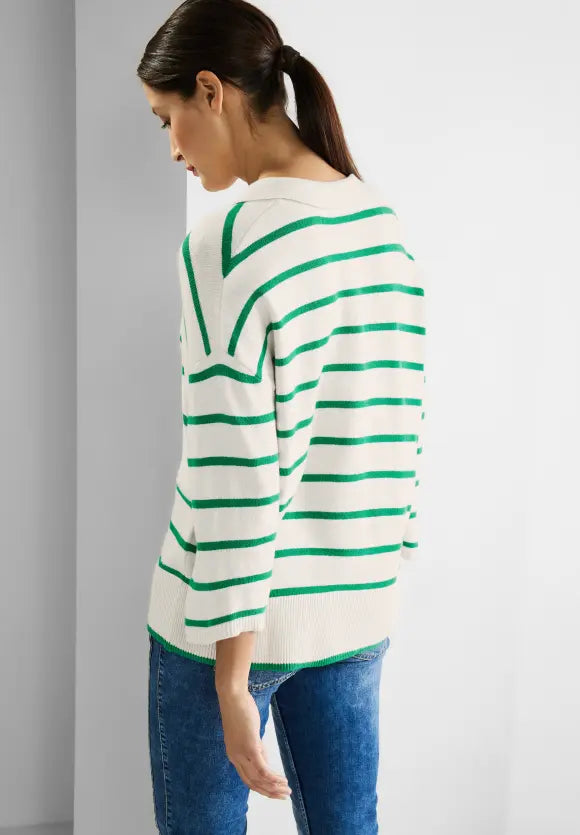 Striped Polo Neck Jumper - Brisk Green