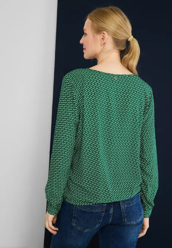 Piping Printed V-Neck Blouse - Dark Brisk Green