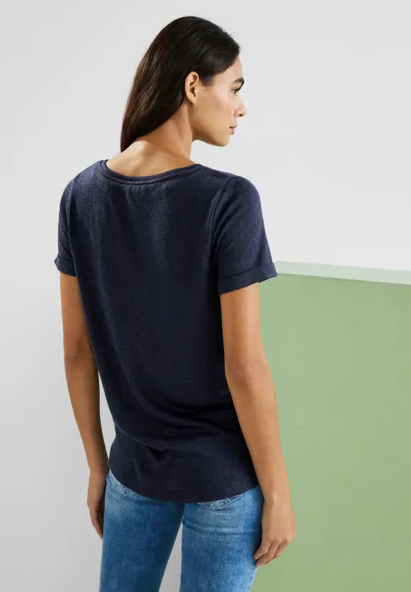 Linen Look V Neck Shirt - Deep Blue