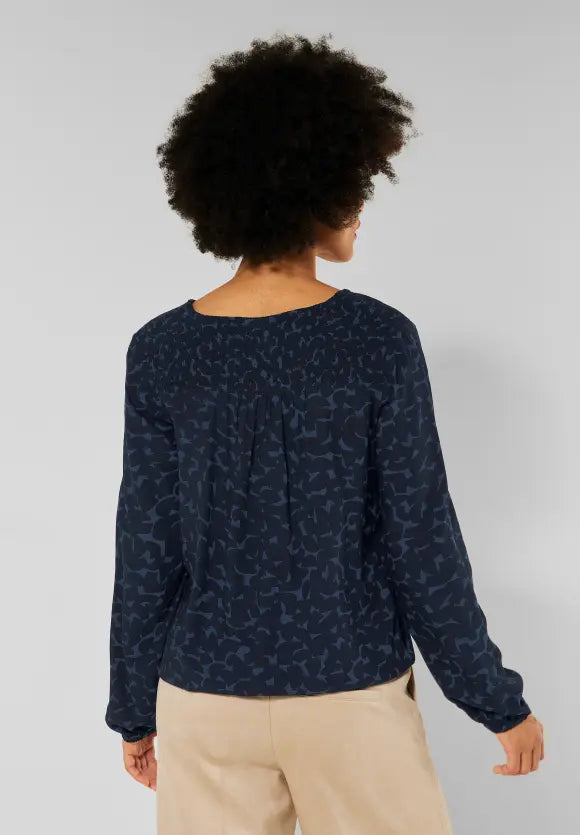 V Neck Print Blouse - Deep Blue