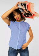 Striped Shirt Collar Blouse - Original Blue