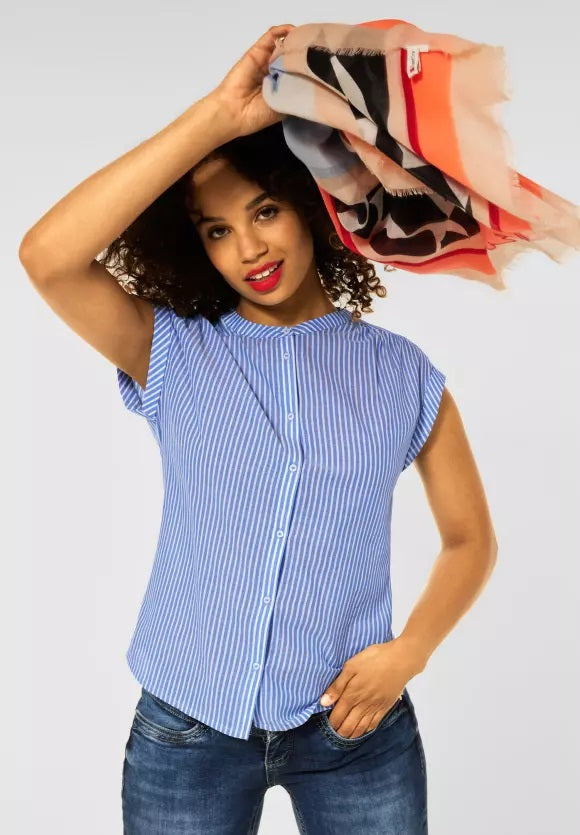 Striped Shirt Collar Blouse - Original Blue
