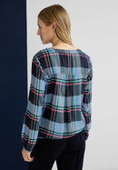 Split Neck Check Blouse - Deep Blue