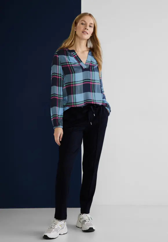 Split Neck Check Blouse - Deep Blue