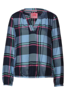 Split Neck Check Blouse - Deep Blue